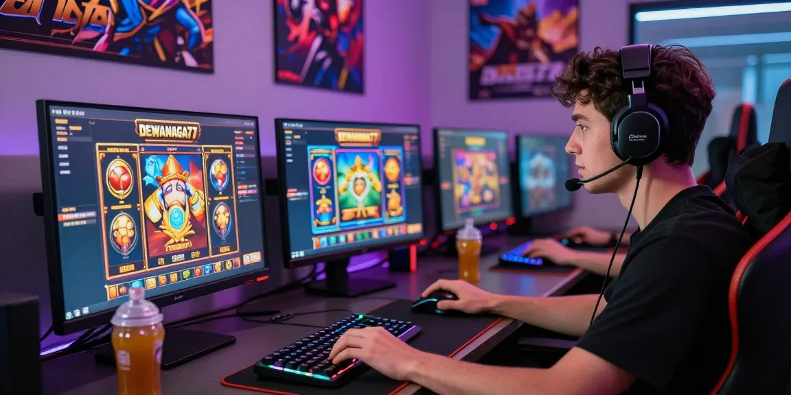Engaged gamer enjoying DEWANAGA77 online slot games in a modern gaming setup.