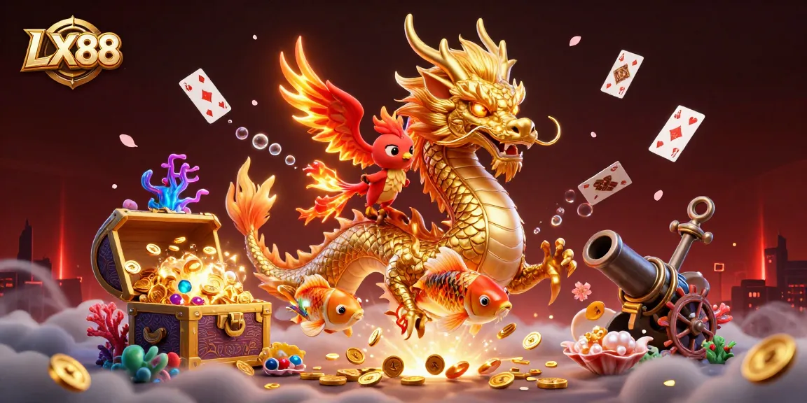 Experience thrilling gameplay at LX88 with a fierce dragon, phoenix, and koi fish amid coins.