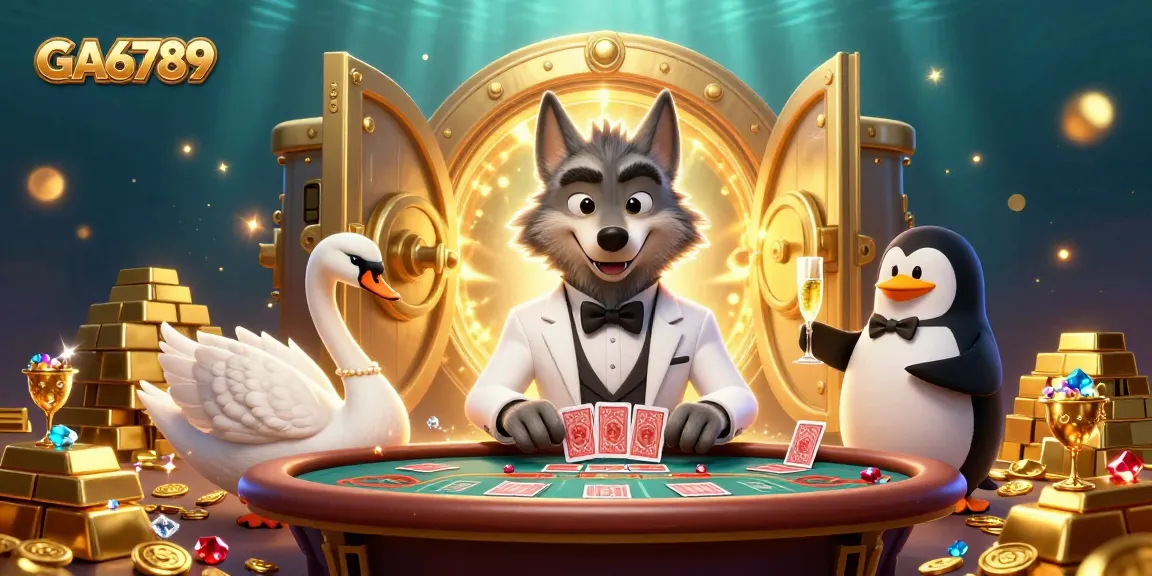 Engage with GA6789's vibrant casino scene featuring an elegant wolf, swan, and penguin among treasures.