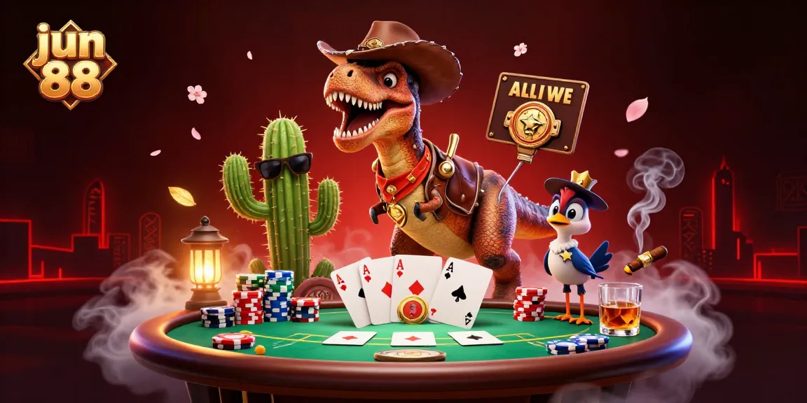 Experience dynamic poker action with jun 88 featuring a cowboy dinosaur, cactus, and roadrunner.