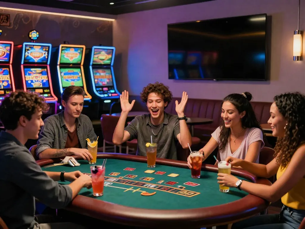 Friends celebrating at a non gamstop uk casino, vibrant atmosphere and live sports highlights.