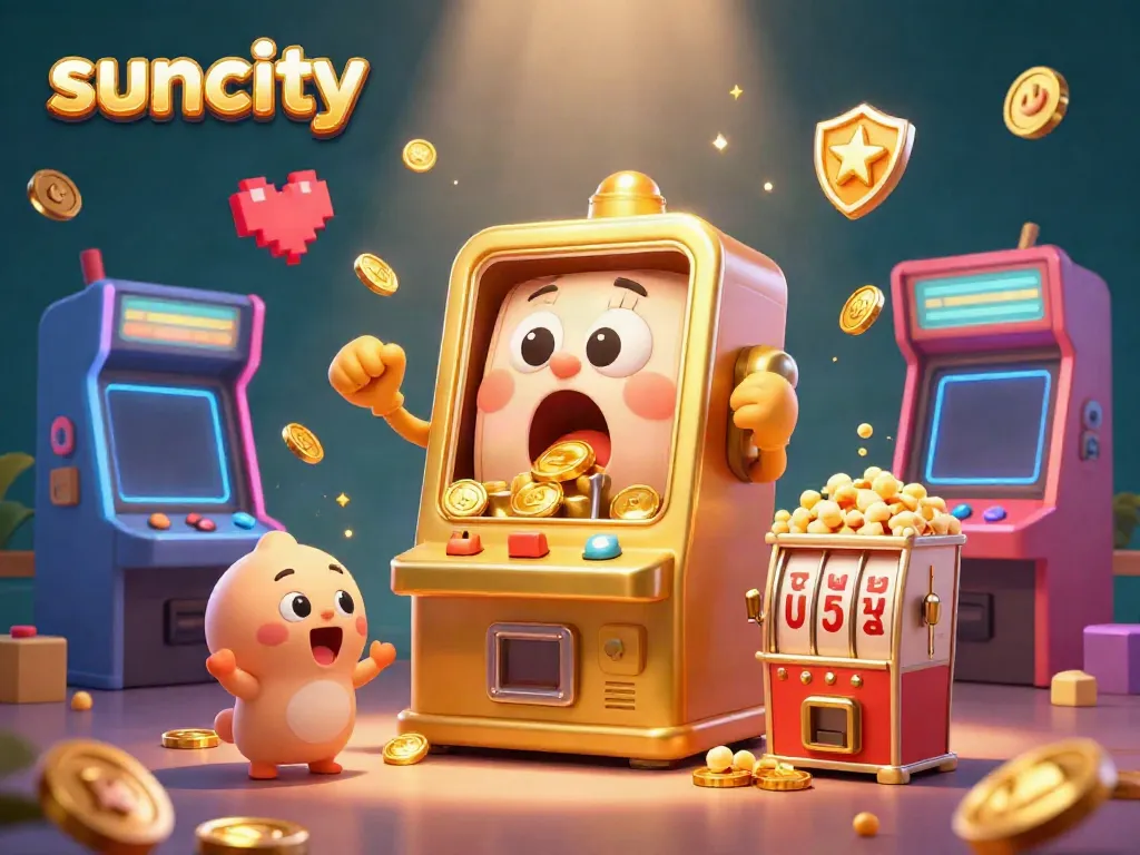 Suncity celebrates a jackpot win with a golden slot machine, surrounded by cheering baby slots and coins cascading down.