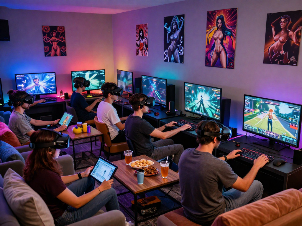 Group of adults enjoying immersive porn games in a vibrant gaming lounge setting.