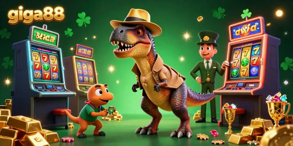 Giga88 slot online menampilkan velociraptor dan temasaurus di meja slot, menciptakan suasana perjudian yang seru.