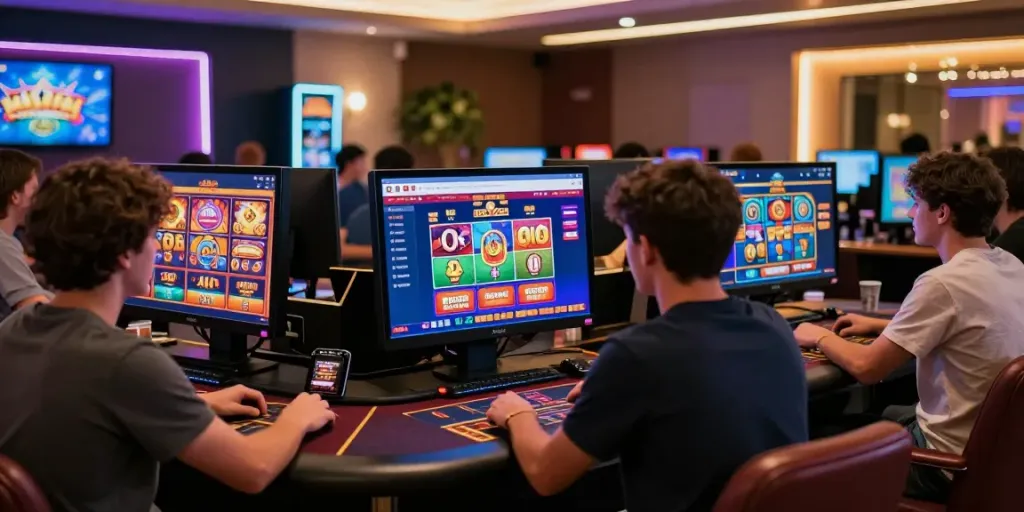Engaging scene of a non gamstop UK casino with a player enjoying various online games on a digital device in a stylish gaming room.