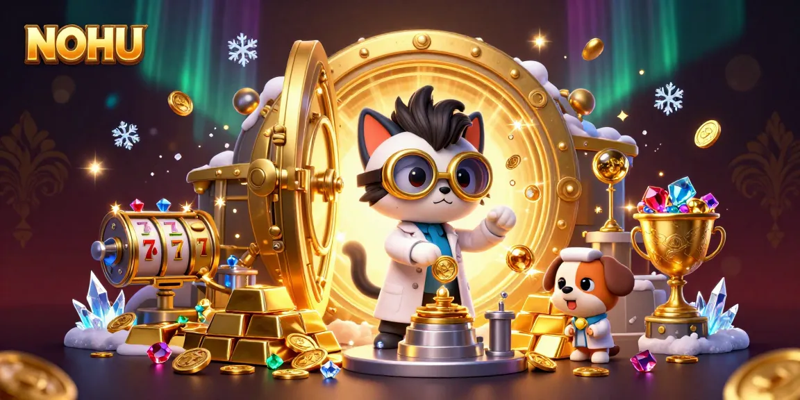 Experience excitement with NOHU's dynamic casino scene featuring a mad scientist cat and a lab assistant dog.