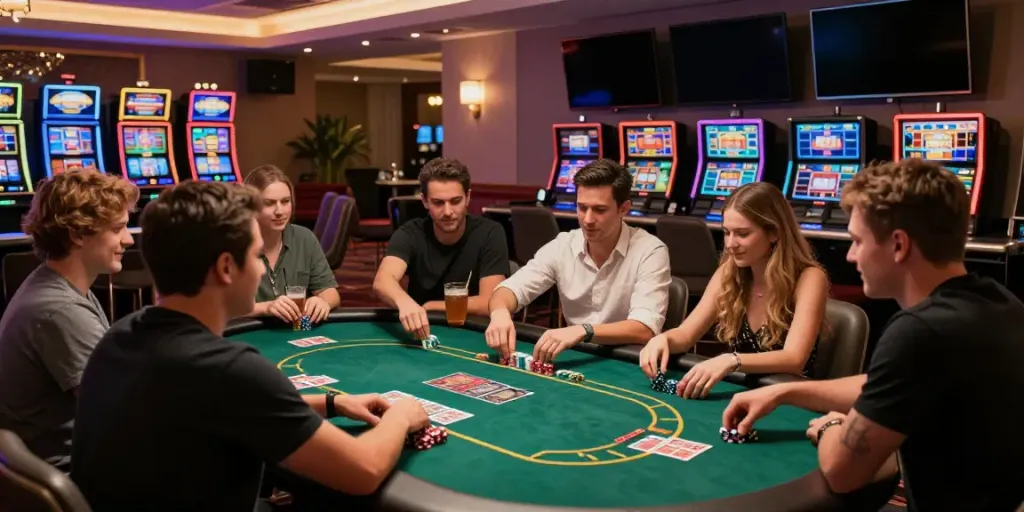 Engaging scene at a non gamstop UK casino with friends playing poker in a vibrant gaming lounge.