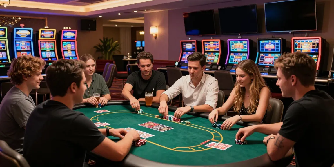 Engaging scene at a non gamstop UK casino with friends playing poker in a vibrant gaming lounge.