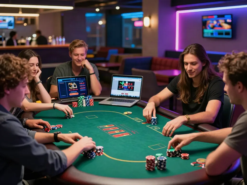 Friends enjoying games at a bright non gamstop uk casino setting.
