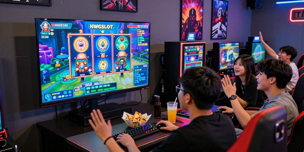 Friends enjoying HWGSLOT online gaming experience in a vibrant gaming room