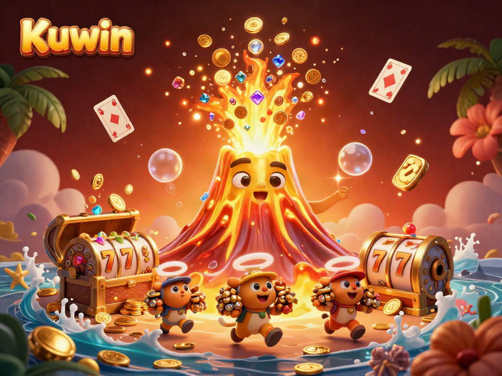 Kuwin's dynamic casino scene explodes with coins and treasures, showing exciting game elements.