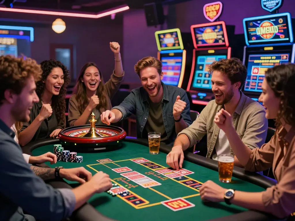 Friends celebrating a win at a non Gamstop UK casino, lively atmosphere with gaming tables and neon lights.