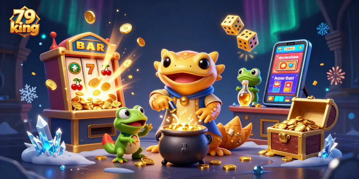 Play exciting games at 79 king, featuring a vibrant scene with enchanting alchemists, gold coins, and thrilling jackpots.