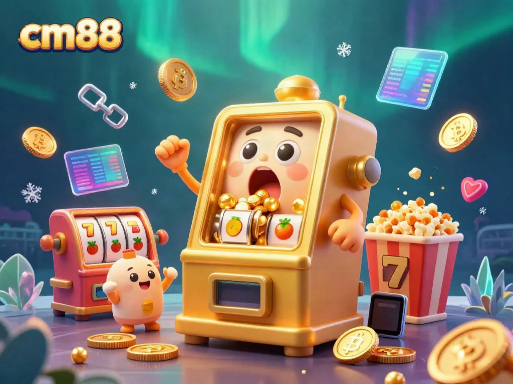 Experience the excitement of cm88 casino as the golden slot machine hits a jackpot with cheering baby slots and crypto coins.