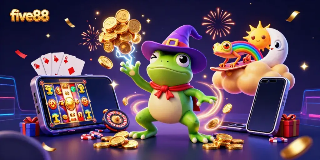 Engage in thrilling gameplay at five88 with vibrant 3D characters and golden coins erupting from action