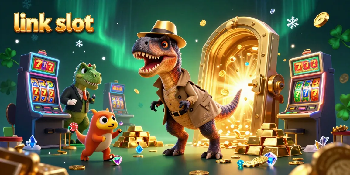 Experience thrilling gameplay at link slot with cartoon velociraptor trying to win at a vibrant slot machine.