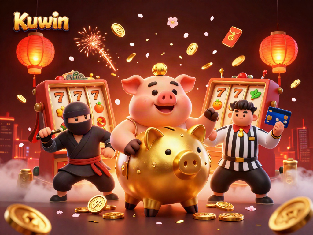 Kuwin gaming scene featuring a golden piggy bank sumo wrestler, a wallet-ninja, and a credit-card samurai amid dynamic slot machine elements.
