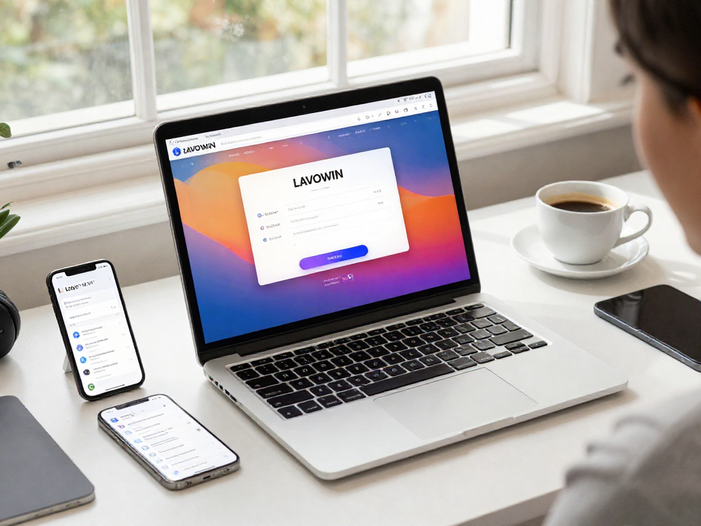 User logging into the LAVOWIN platform on a sleek laptop, showcasing the lavowin login interface in a modern workspace.