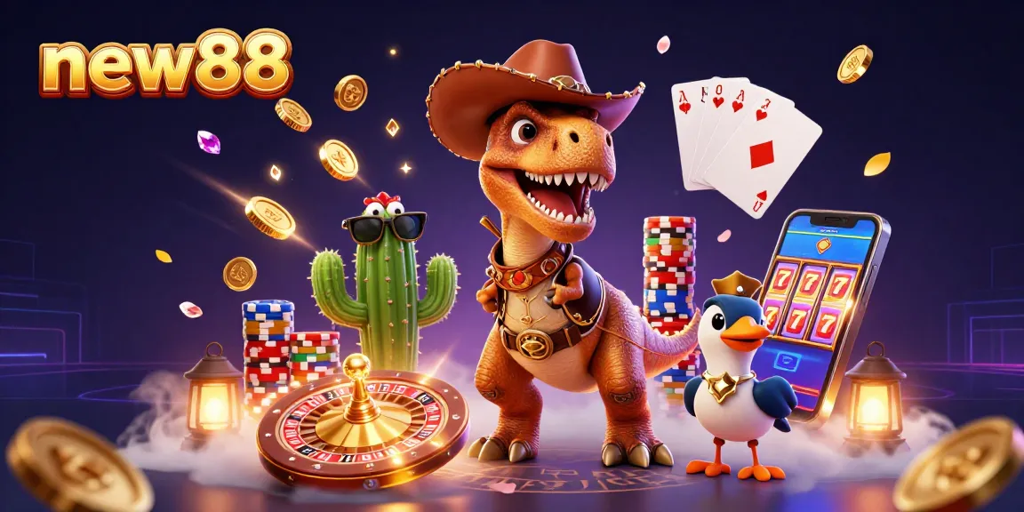 Win big at new88 with a vibrant, action-packed 3D casino illustration featuring a dinosaur, cactus, and roadrunner that embody your winning spirit!