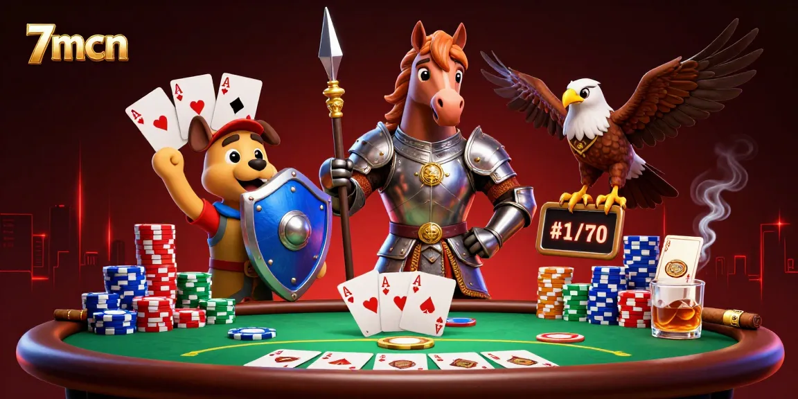 Bet on 7mcn's poker scene featuring a knight, a puppy, and a falcon in an exciting casino atmosphere.
