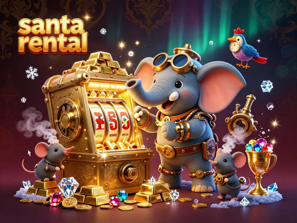Engage in excitement with a steampunk elephant engineer operating a vibrant slot machine, emblematic of the santa rental experience.