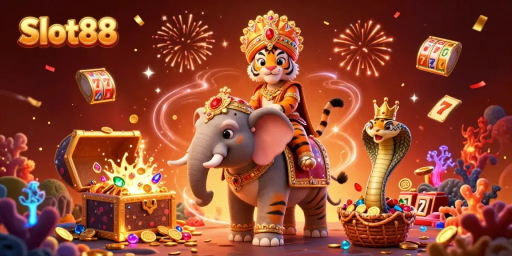 Win big with Slot88 in this vibrant 3D casino-themed illustration featuring exciting game elements.