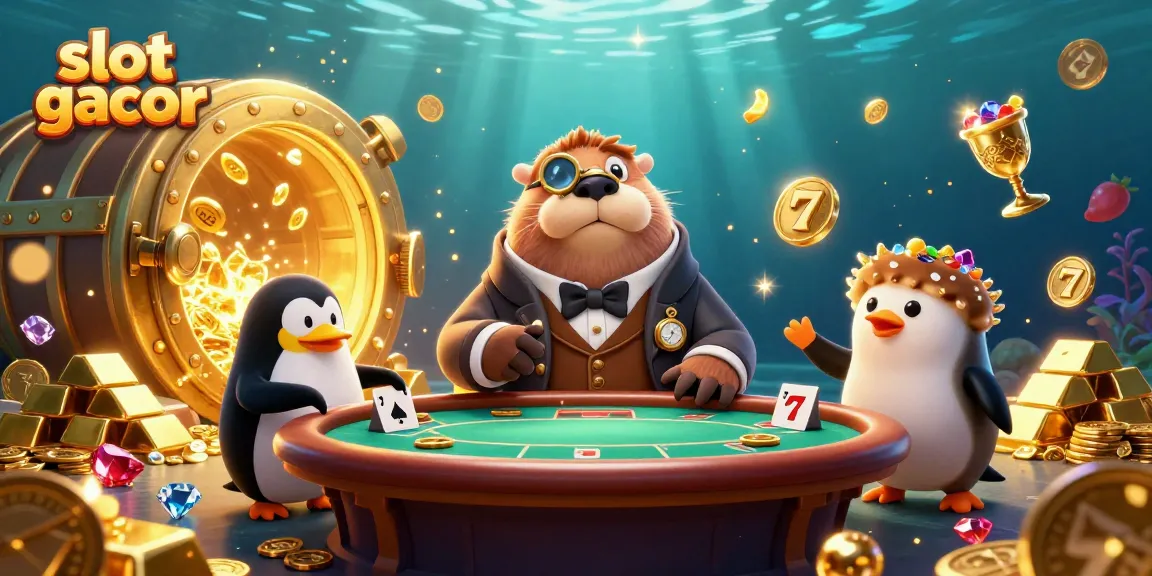 Experience thrilling gameplay with slot gacor as a walrus plays poker with a penguin dealer and a bluffing pufferfish.