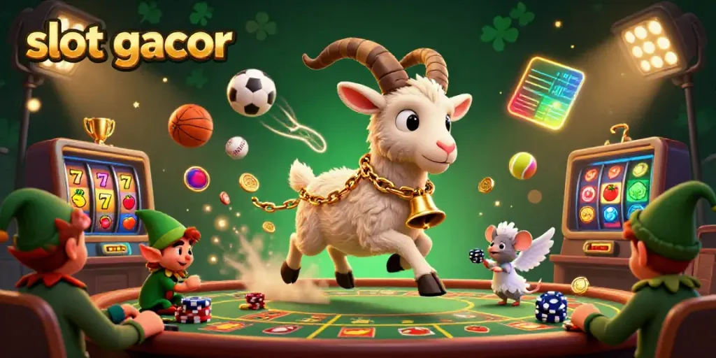 Engage with the vibrant slot gacor casino scene featuring Krampus, an angel mouse, and elf gremlins amidst dynamic gaming elements.