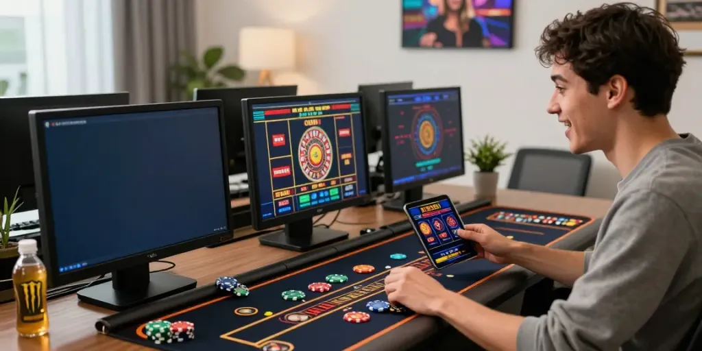 Excited player at non gamstop UK casino setup with multiple gaming screens and vibrant atmosphere.
