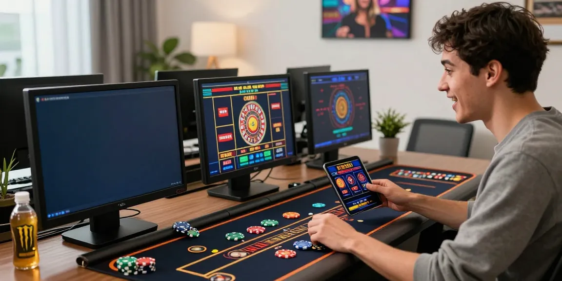 Excited player at non gamstop UK casino setup with multiple gaming screens and vibrant atmosphere.