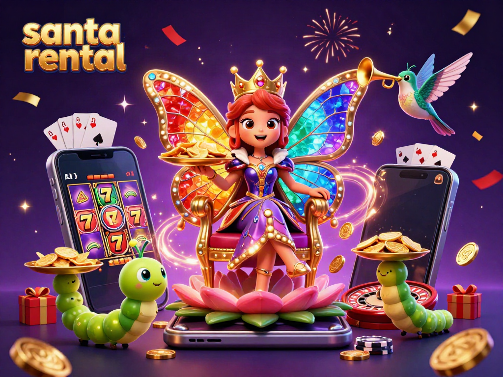 Engage with the vibrant scene of the Santa rental, showcasing exhilarating gaming elements like slots, cards, and festive characters.