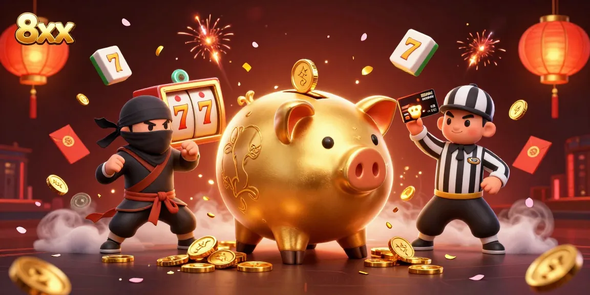 Win big at 8xx: Cartoon piggy bank sumo wrestler stomps coins in a vibrant casino scene.