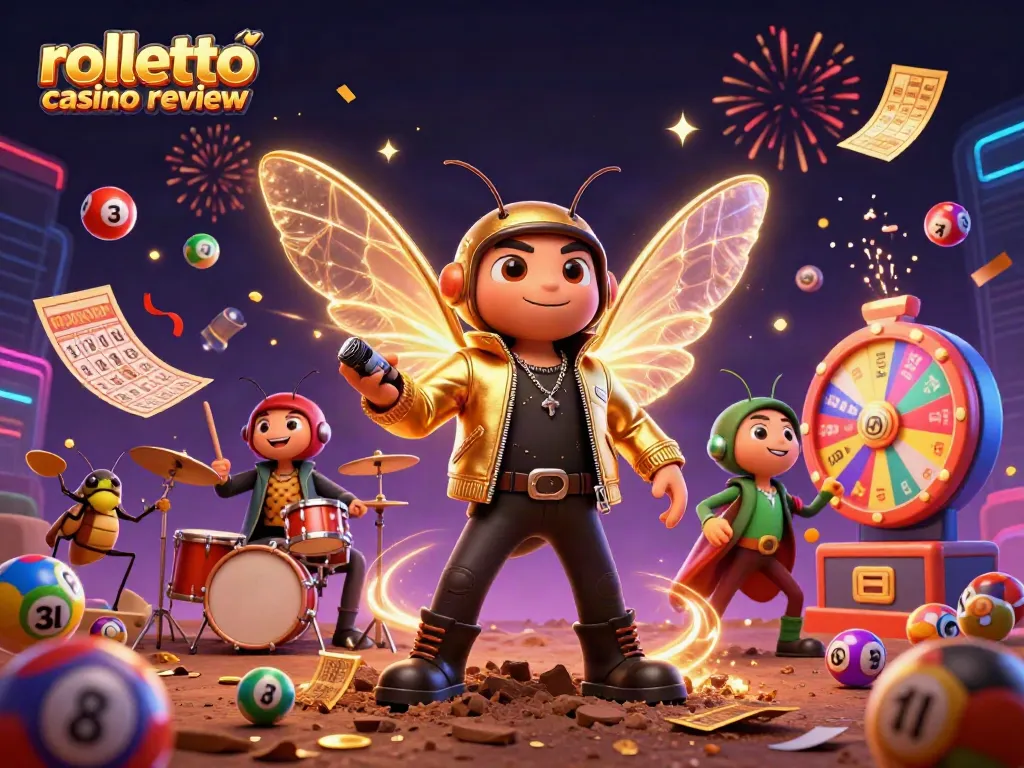 Experience the excitement of rolletto casino review with a vibrant 3D illustration of a rock star cicada!