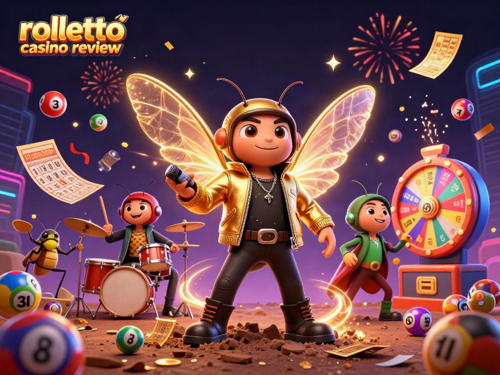 Experience the excitement of rolletto casino review with a vibrant 3D illustration of a rock star cicada!