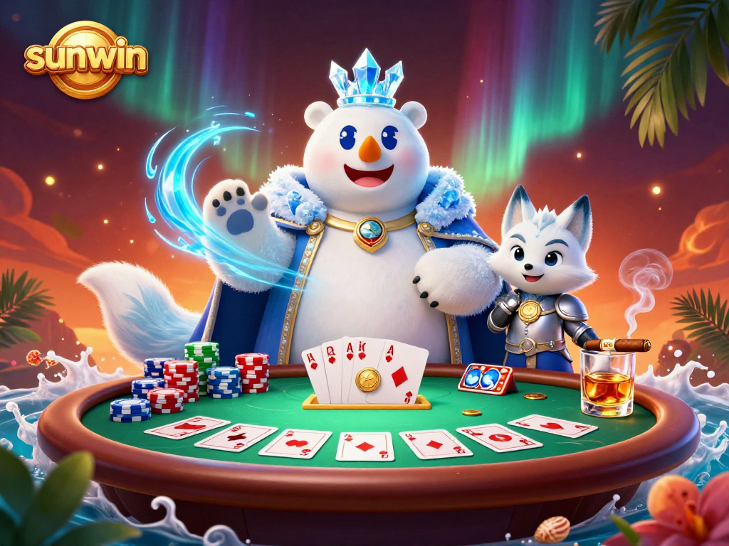 Join the sunwin poker action with a vibrant polar bear and snow fox as they play cards.