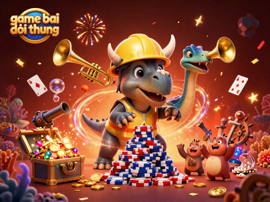 Experience the excitement of game bai doi thuong with a triceratops and parasaurolophus amidst treasures and celebration.