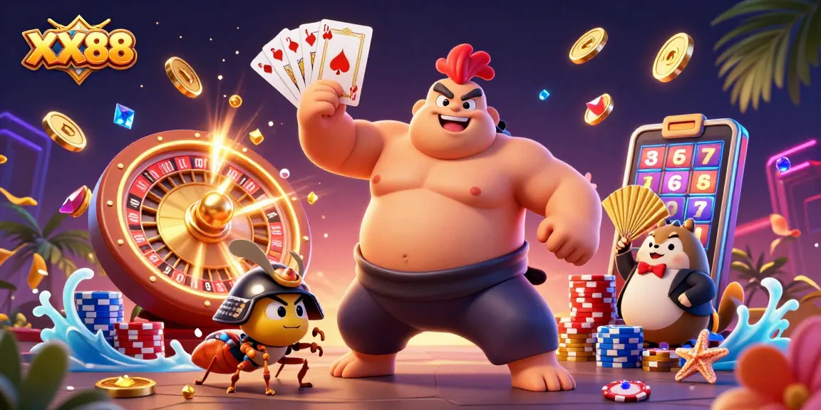 Experience thrilling gameplay at XX88 with bold characters, casino elements, and vibrant action.