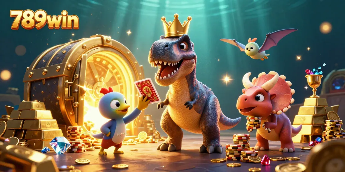 Engage with 789win's vibrant casino realm featuring T-Rex card shuffling with treasures aplenty.