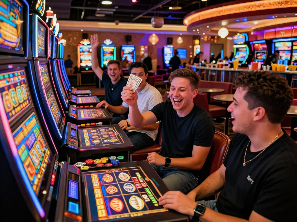Winning a slot jackpot at a lively casino with friends cheering in excitement.