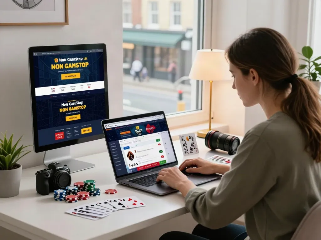 Engaged individual exploring non GamStop UK casino options in a modern home office.