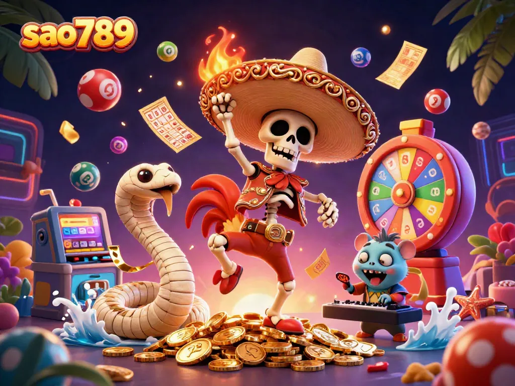Experience the thrill of gaming with sao789 in this vibrant 3D illustration featuring exciting casino elements and lively characters.