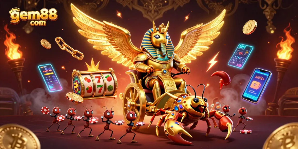 Experience thrilling gameplay at gem88 com with a golden scarab and scorpions amid vibrant slot reels.