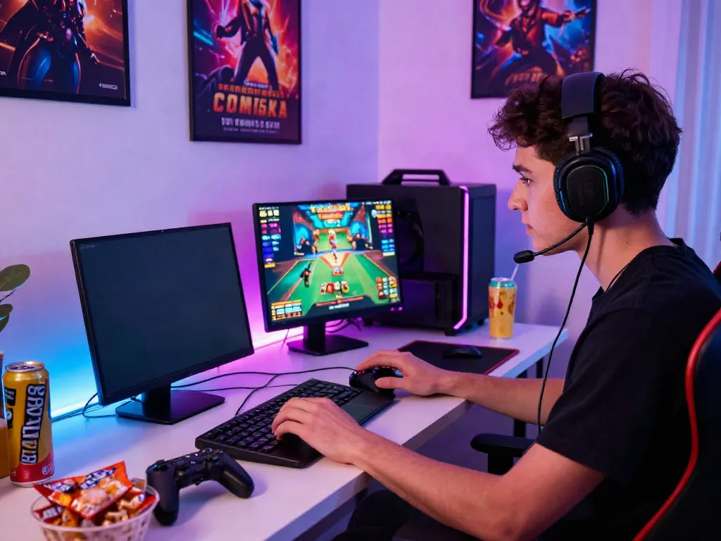 Engaged user at non gamstop UK casino gaming session on laptop in vibrant home setup