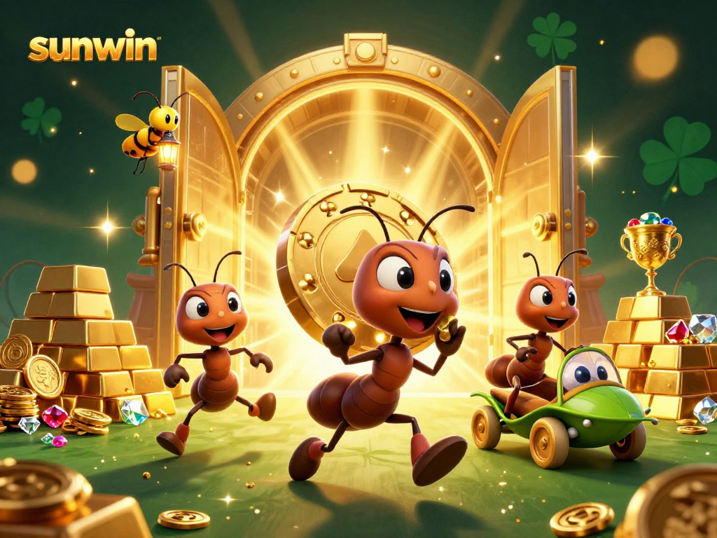Engaging 3D scene with sunwin logo showcasing ants in a heist carrying a giant poker chip.