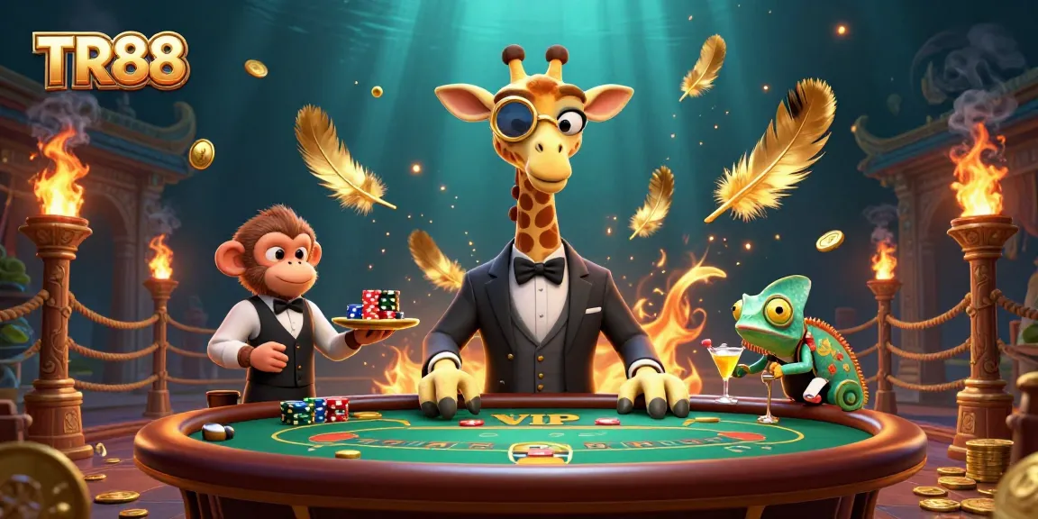 Experience TR88's dynamic casino atmosphere with a high-roller giraffe, poker, and vibrant game elements.