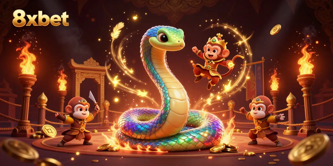 Engage in thrilling gameplay at 8xbet with vibrant characters coiled around golden pillars and magical elements.