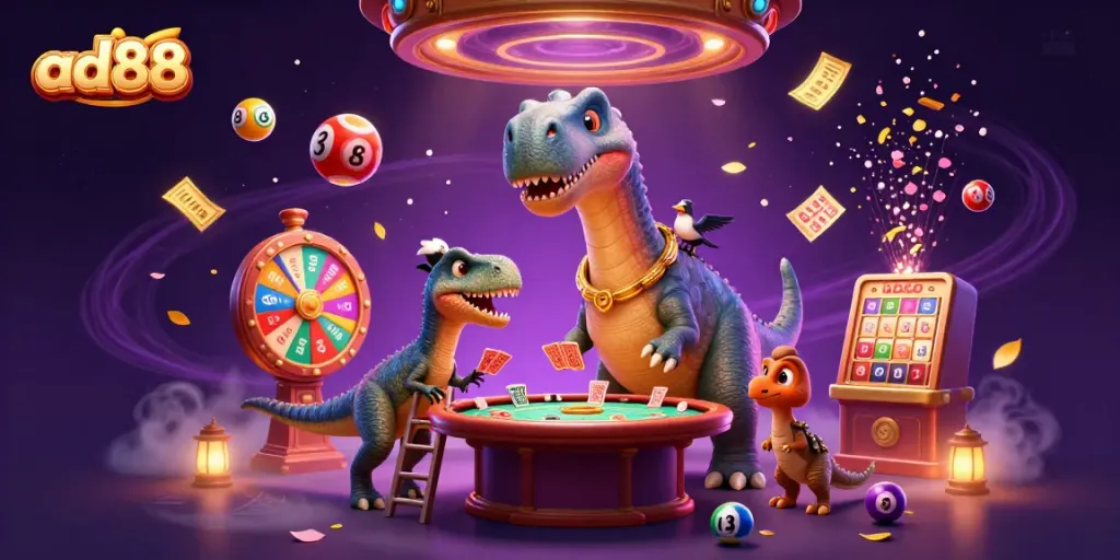 Ad88 showcases a whimsical scene with a towering brontosaurus and clever raptor at a casino.
