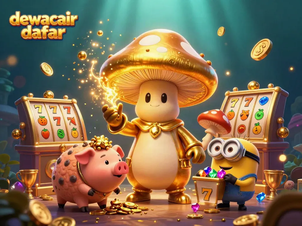 Engage with dewacair daftar through a vibrant slot-themed fantasy illustration featuring gold and treasures.