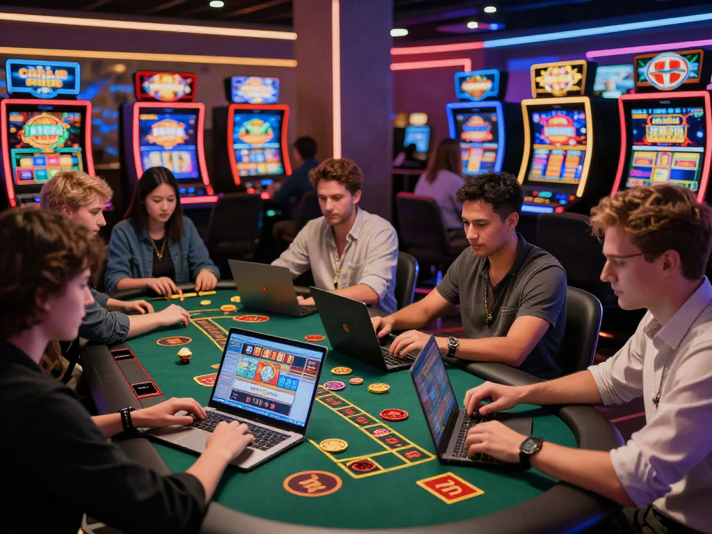 Exciting gaming atmosphere in a non Gamstop UK casino with friends enjoying online games.