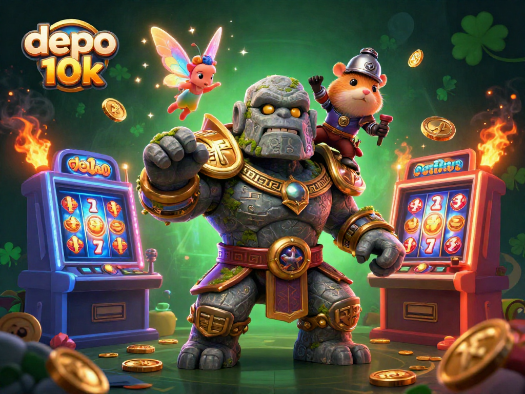 Experience the thrill of depo 10k with a magical golem amidst vibrant slot machines and casino elements.